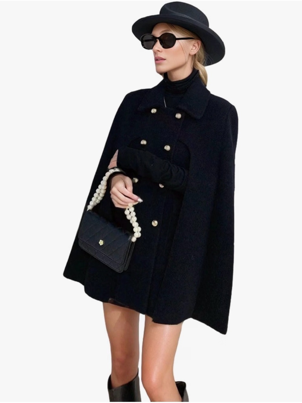 Elegant Black Double-Breasted Cape Sweater with Gold Buttons